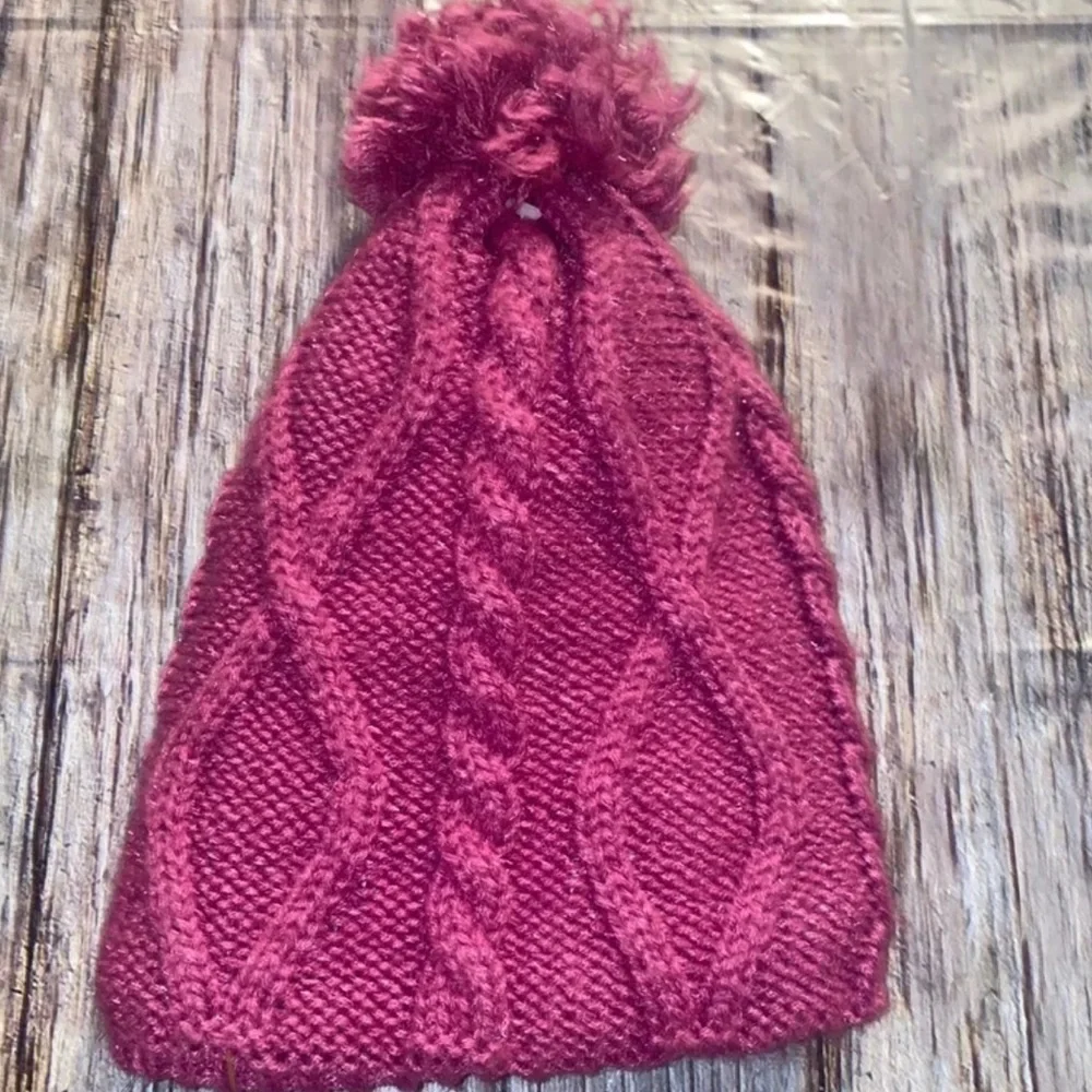 💞 Little Kids Size 4-7 Plum & Metallic Pom Pom Beanie Knit Hat